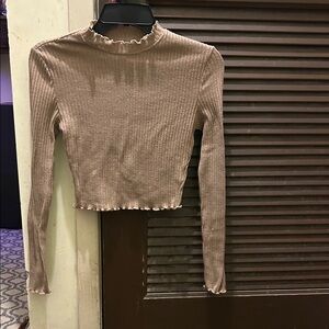 Stylish Ribbed Long Sleeve Top in Tan